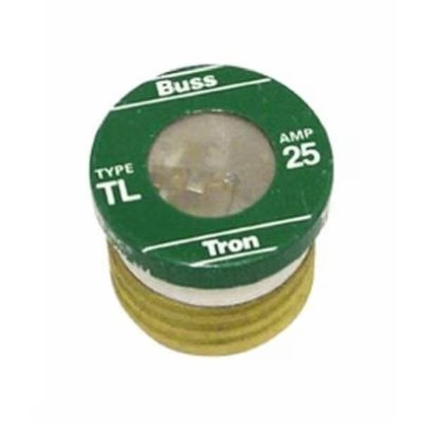 Plug Fuse, TL Series, Time-Delay, 25A, 125V AC, Indicating, 10kA at 125V AC, Eaton Bussmann, Mfr#: TL-25PK4